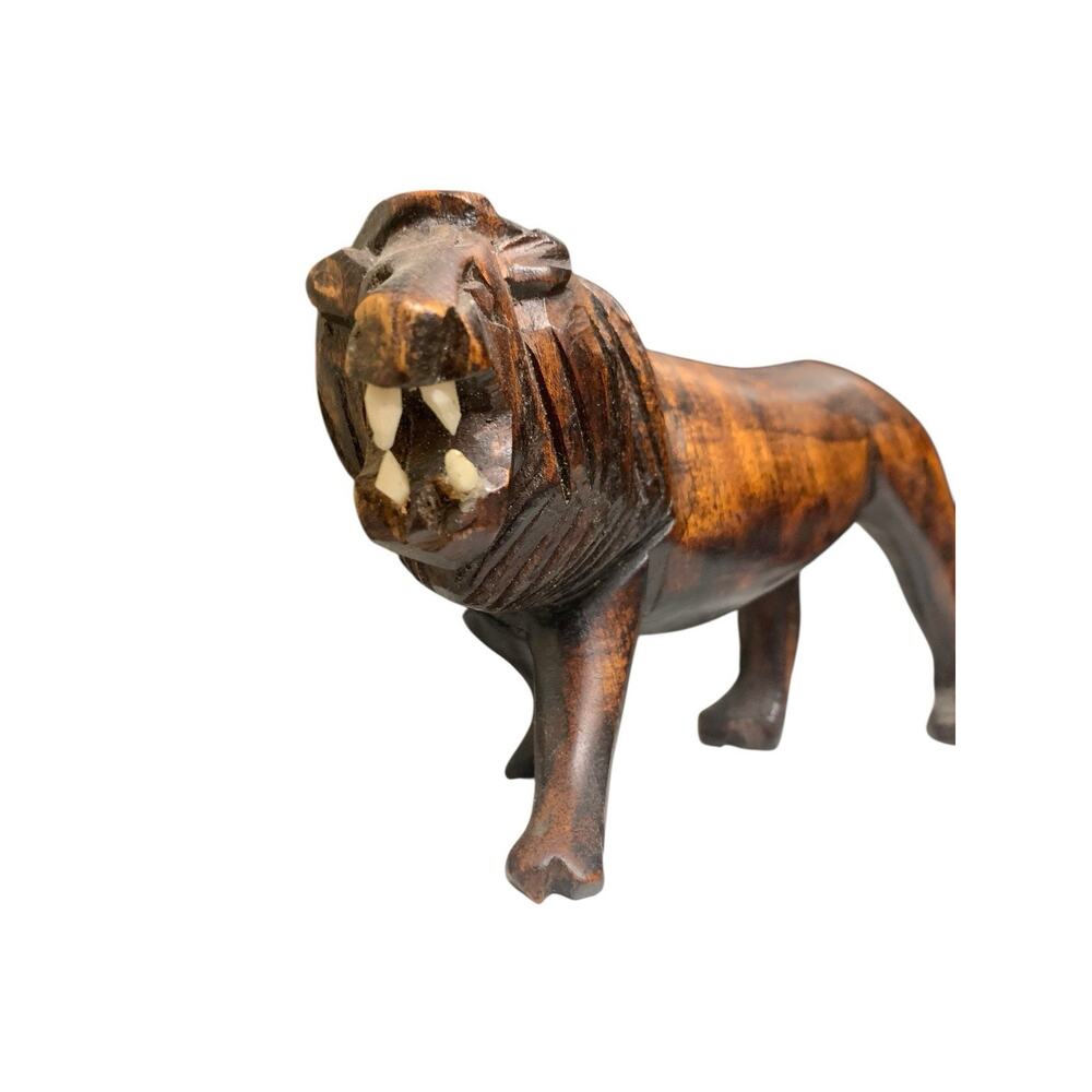 Vintage Hand Carved African White Teeth LION Wood Sculpture Safari Statue 14"